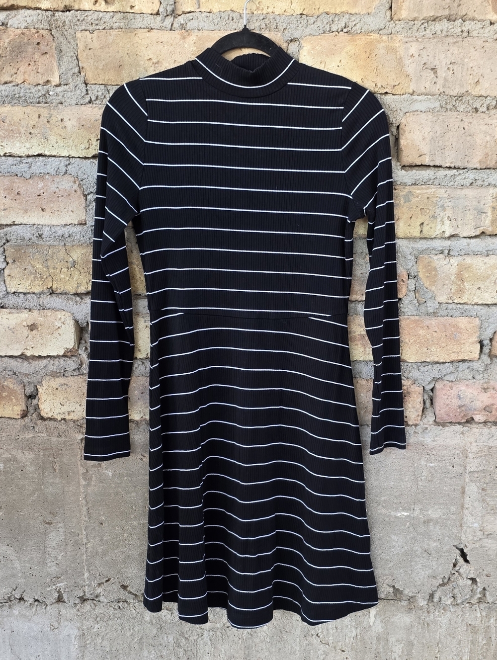 Banana Republic Black and White Striped Long-Sleeve Fit-and-Flare Dress